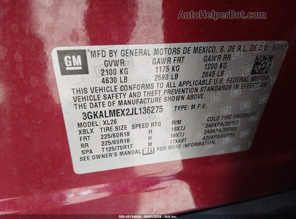 3GKALMEX2JL136275 2018 GMC TERRAIN Red Вид підкапотного простору