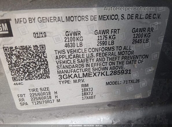 3GKALMEX7KL285931 2019 GMC TERRAIN Gray Շարժիչի բաժամունքի տեսք