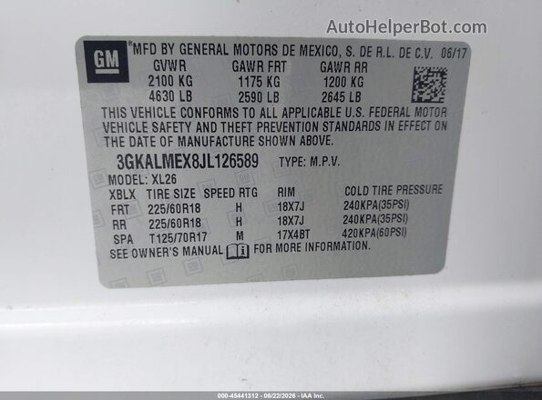 3GKALMEX8JL126589 2018 GMC TERRAIN White Вид підкапотного простору