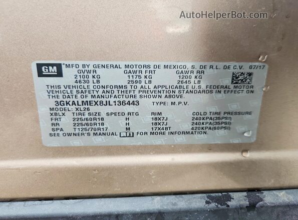3GKALMEX8JL136443 2018 GMC TERRAIN Tan VIN sticker view