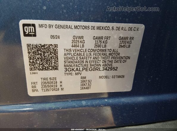 3GKALPEG0RL342952 2024 GMC TERRAIN Blue Vista del compartimento del motor