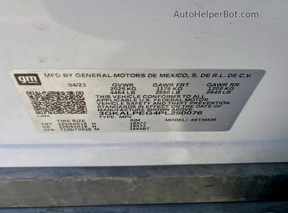 3GKALPEG4PL250076 2023 GMC TERRAIN White Vista del compartimento del motor