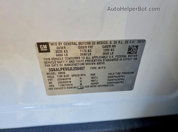 3GKALPEV0JL258407 2018 GMC TERRAIN White VIN կոդի պիտակի տեսք