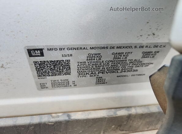 3GKALPEV0KL243035 2019 GMC TERRAIN Серебряный Вид наклейки с VIN-кодом