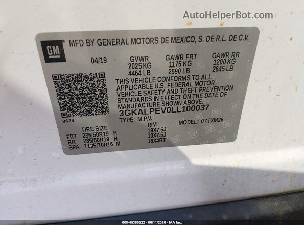 3GKALPEV0LL100037 2020 GMC TERRAIN White Vista del compartimento del motor
