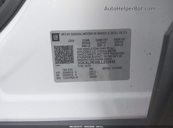 3GKALPEV0LL232943 2020 GMC TERRAIN White Widok komory silnika