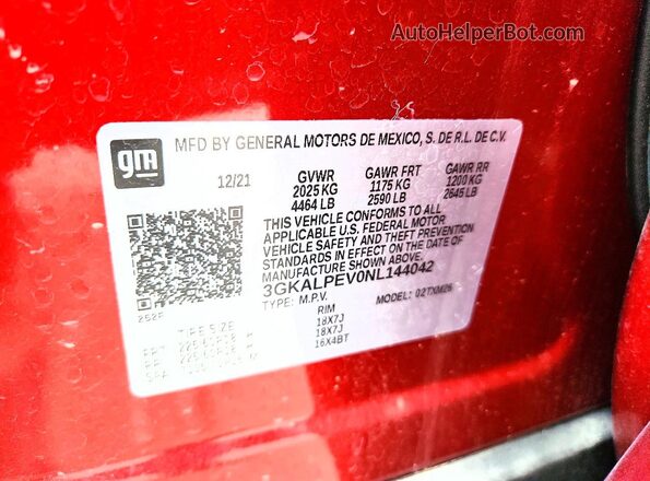 3GKALPEV0NL144042 2022 GMC TERRAIN Red Вид наклейки з VIN-кодом