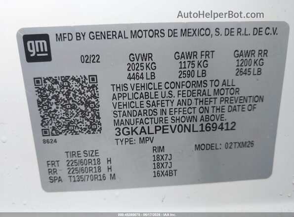 3GKALPEV0NL169412 2022 GMC TERRAIN White Engine compartment view