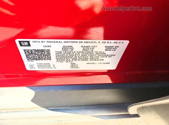 3GKALPEV1ML316139 2021 GMC TERRAIN Red Vista de la etiqueta del VIN