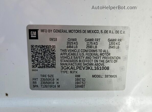 3GKALPEV3KL161008 2019 GMC TERRAIN White VIN კოდის სტიკერის ხედი