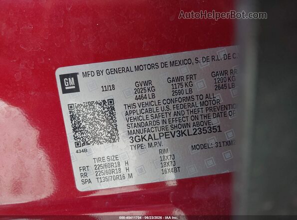 3GKALPEV3KL235351 2019 GMC TERRAIN Red Вид підкапотного простору