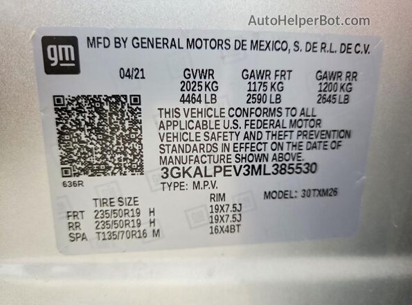 3GKALPEV3ML385530 2021 GMC TERRAIN Silver Vista de la etiqueta del VIN