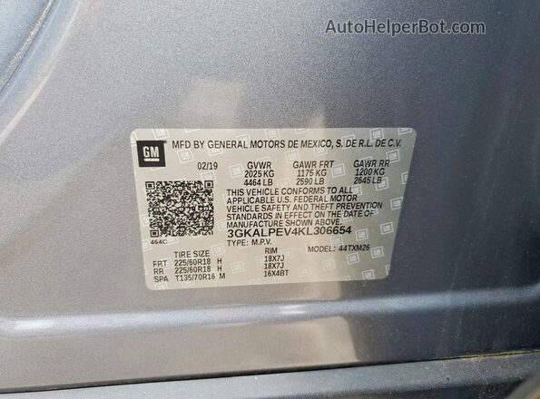 3GKALPEV4KL306654 2019 GMC TERRAIN Gray Vista de la etiqueta del VIN