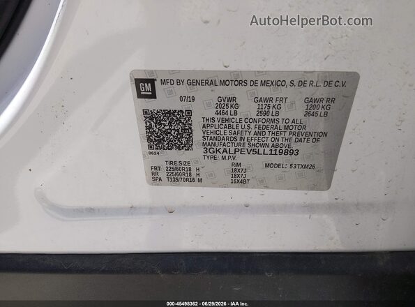 3GKALPEV5LL119893 2020 GMC TERRAIN White Vista del compartimento del motor