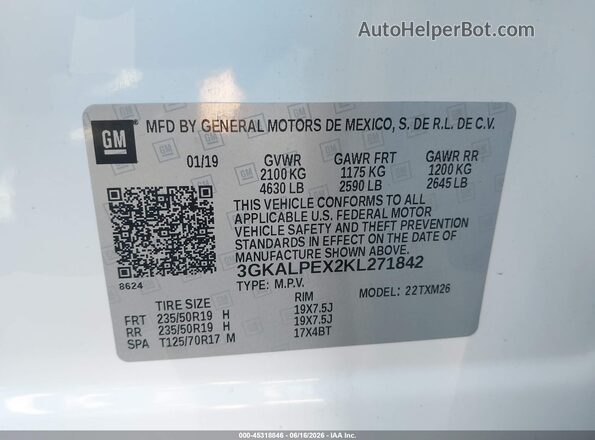 3GKALPEX2KL271842 2019 GMC TERRAIN Белый Вид подкапотного пространства