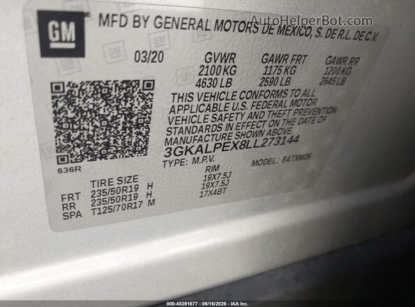 3GKALPEX8LL273144 2020 GMC TERRAIN Silver Շարժիչի բաժամունքի տեսք