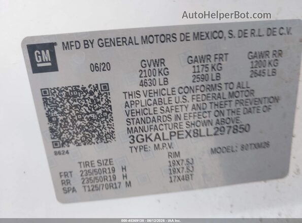 3GKALPEX8LL297850 2020 GMC TERRAIN White Engine compartment view