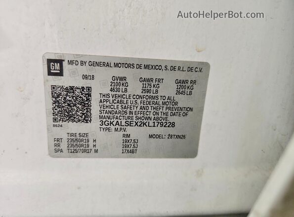 3GKALSEX2KL179228 2019 GMC TERRAIN White Vista de la etiqueta del VIN
