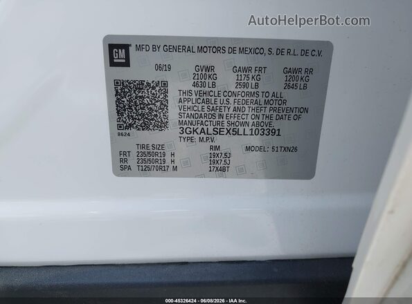 3GKALSEX5LL103391 2020 GMC TERRAIN White Vista del compartimento del motor