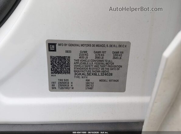 3GKALSEX6LL324028 2020 GMC TERRAIN White Вид підкапотного простору