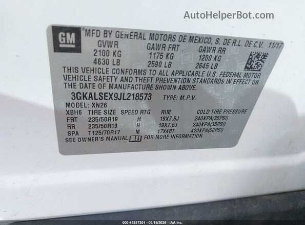 3GKALSEX9JL218573 2018 GMC TERRAIN Белый Вид подкапотного пространства