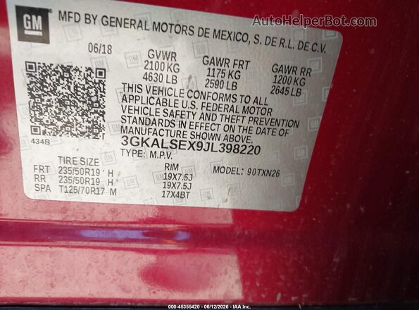 3GKALSEX9JL398220 2018 GMC TERRAIN Red ძრავის განყოფილების ხედი