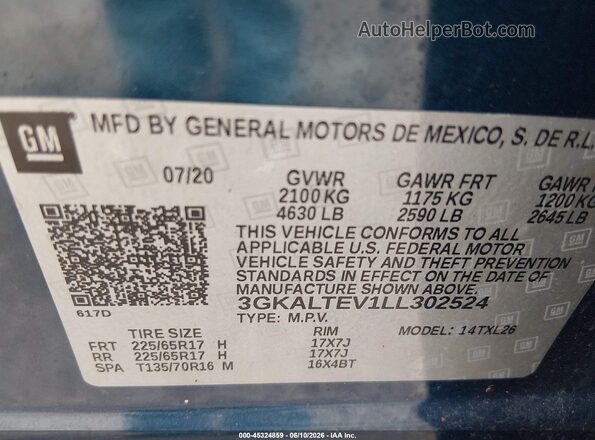 3GKALTEV1LL302524 2020 GMC TERRAIN Blue Engine compartment view