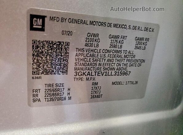 3GKALTEV1LL315967 2020 GMC TERRAIN Silver Widok naklejki z numerem VIN