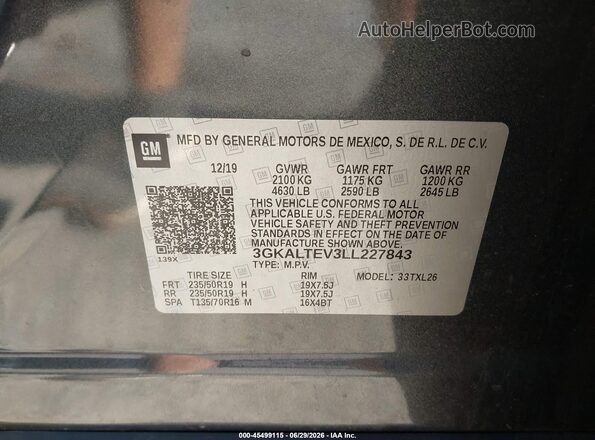 3GKALTEV3LL227843 2020 GMC TERRAIN Gray Vista del compartimento del motor