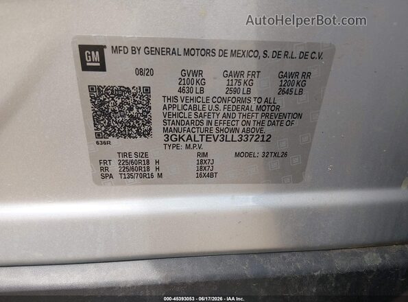 3GKALTEV3LL337212 2020 GMC TERRAIN Silver Вид підкапотного простору