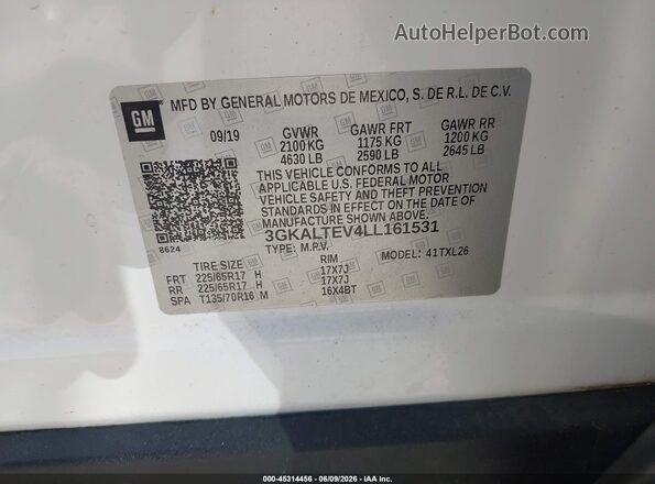 3GKALTEV4LL161531 2020 GMC TERRAIN White Вид підкапотного простору