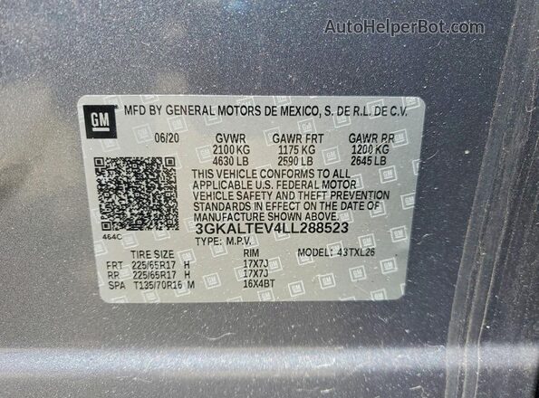 3GKALTEV4LL288523 2020 GMC TERRAIN Gray Vista de la etiqueta del VIN