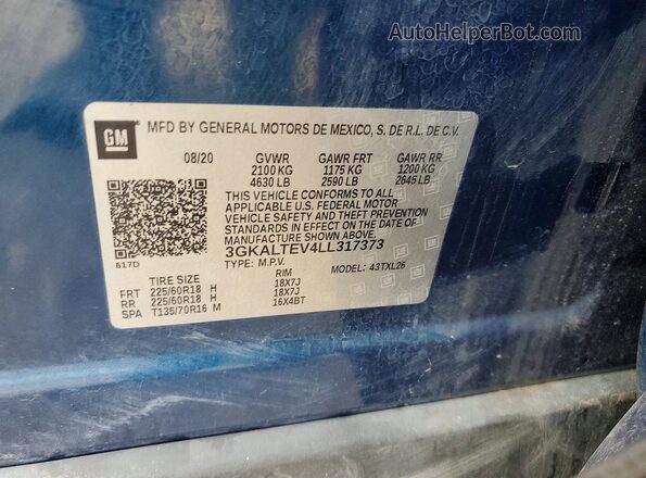 3GKALTEV4LL317373 2020 GMC TERRAIN Blue Vista de la etiqueta del VIN