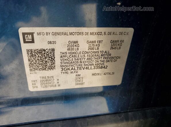 3GKALTEV4LL335842 2020 GMC TERRAIN Blue VIN կոդի պիտակի տեսք