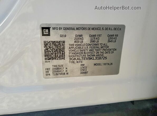 3GKALTEV5KL318725 2019 GMC TERRAIN White Vista de la etiqueta del VIN