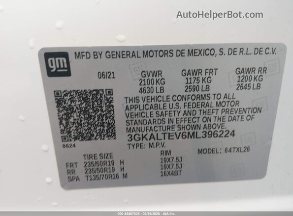 3GKALTEV6ML396224 2021 GMC TERRAIN White Vista del compartimento del motor