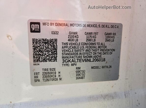 3GKALTEV6NL206018 2022 GMC TERRAIN White VIN կոդի պիտակի տեսք