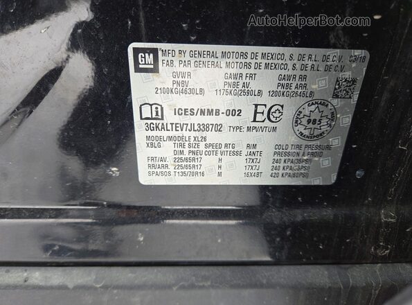 3GKALTEV7JL338702 2018 GMC TERRAIN Black Vista de la etiqueta del VIN
