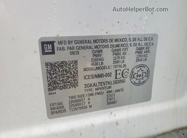 3GKALTEV7KL193050 2019 GMC TERRAIN White სალონის 360-გრადუსიანი ხედი