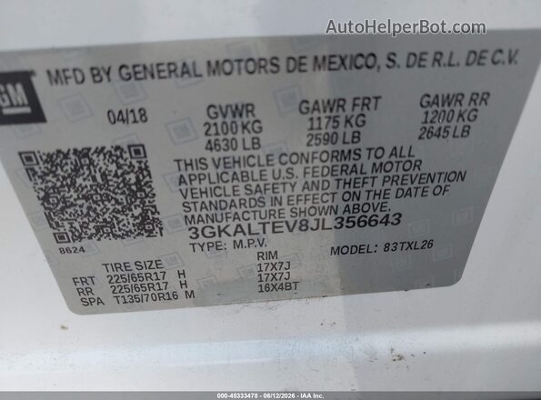 3GKALTEV8JL356643 2018 GMC TERRAIN White Vista del compartimento del motor