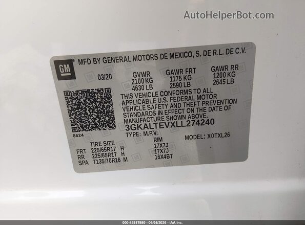 3GKALTEVXLL274240 2020 GMC TERRAIN White 