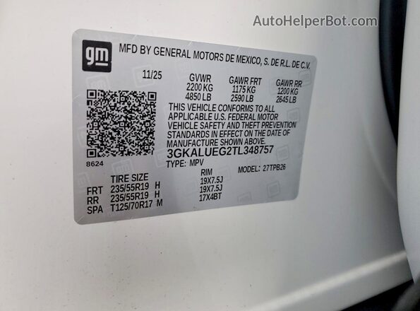 3GKALUEG2TL348757 2026 GMC TERRAIN White Vista de la etiqueta del VIN