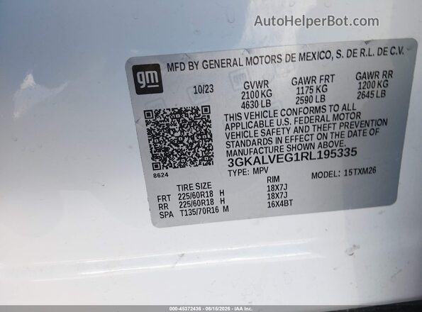 3GKALVEG1RL195335 2024 GMC TERRAIN White Widok komory silnika