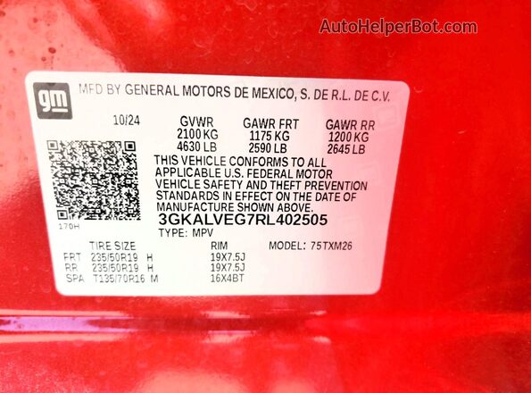 3GKALVEG7RL402505 2024 GMC TERRAIN Burgundy Vista de la etiqueta del VIN