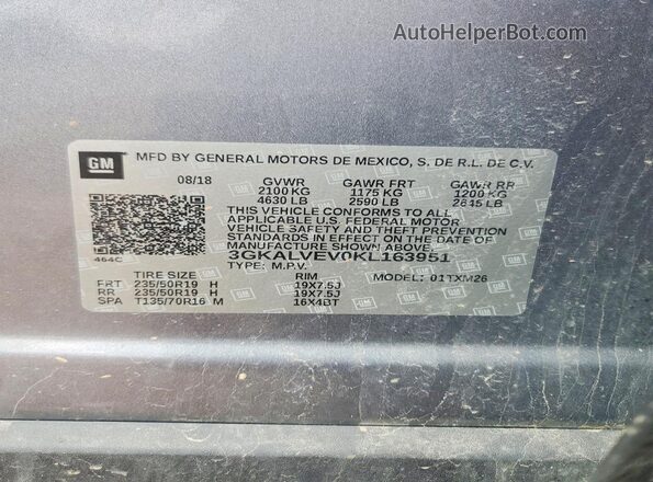3GKALVEV0KL163951 2019 GMC TERRAIN Серый 