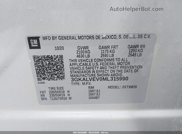 3GKALVEV0ML315990 2021 GMC TERRAIN Silver Vista del compartimento del motor
