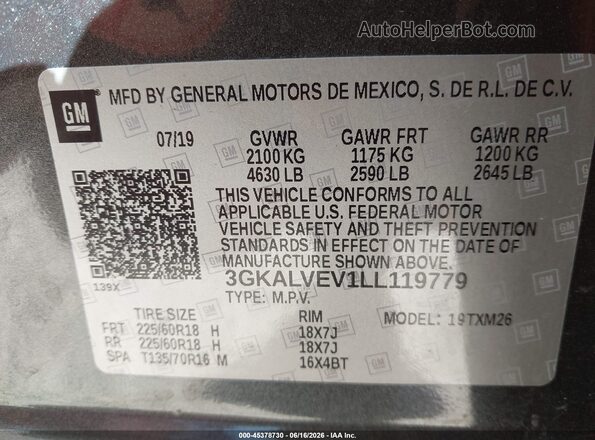 3GKALVEV1LL119779 2020 GMC TERRAIN Gray Вид підкапотного простору