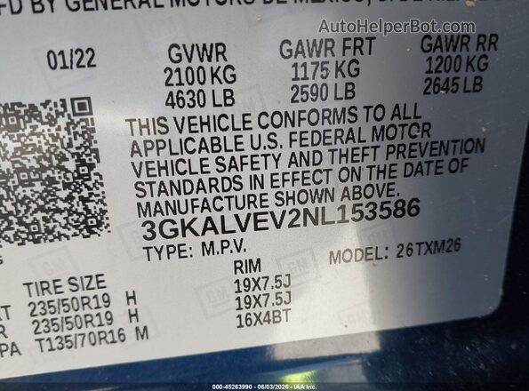 3GKALVEV2NL153586 2022 GMC TERRAIN Blue Vista del compartimento del motor