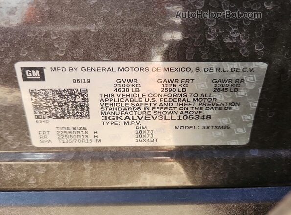 3GKALVEV3LL105348 2020 GMC TERRAIN Charcoal ძრავის განყოფილების ხედი