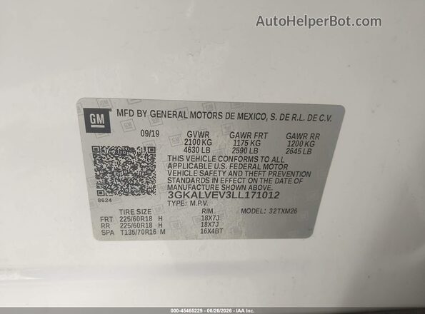 3GKALVEV3LL171012 2020 GMC TERRAIN White Engine compartment view